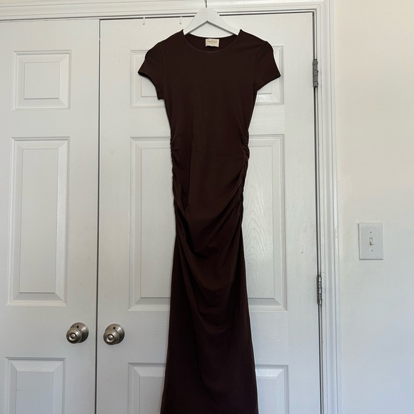 Sezane Phillipa Dress in Tonka Size M Brown Cinched Bodycon Dress - Picture 3 of 10